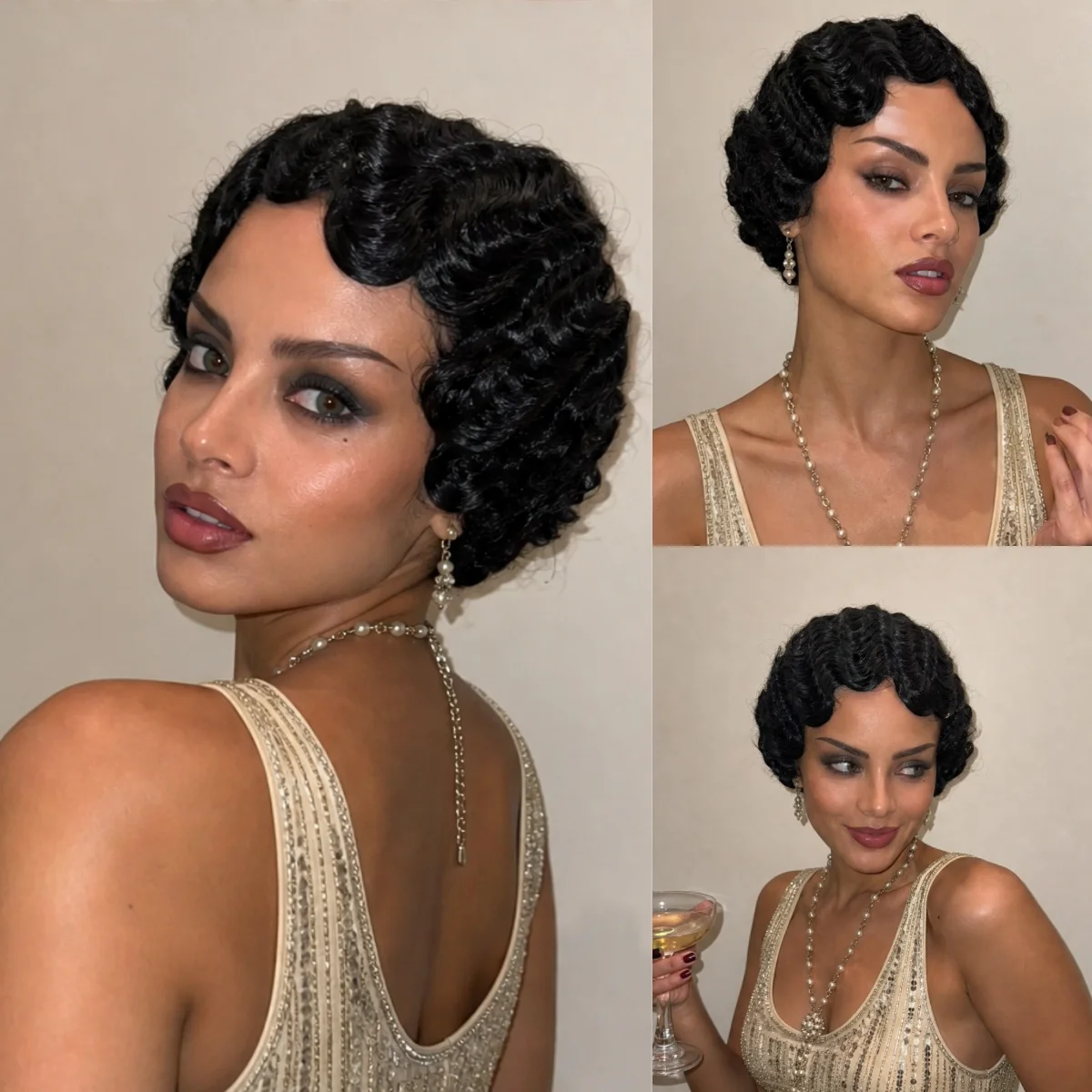 REEWES 1920s Black Short Finger Wave Wigs 10inch tightly curls The Great Gastby Cosplay Costume Synthetic Hair Halloween Party
