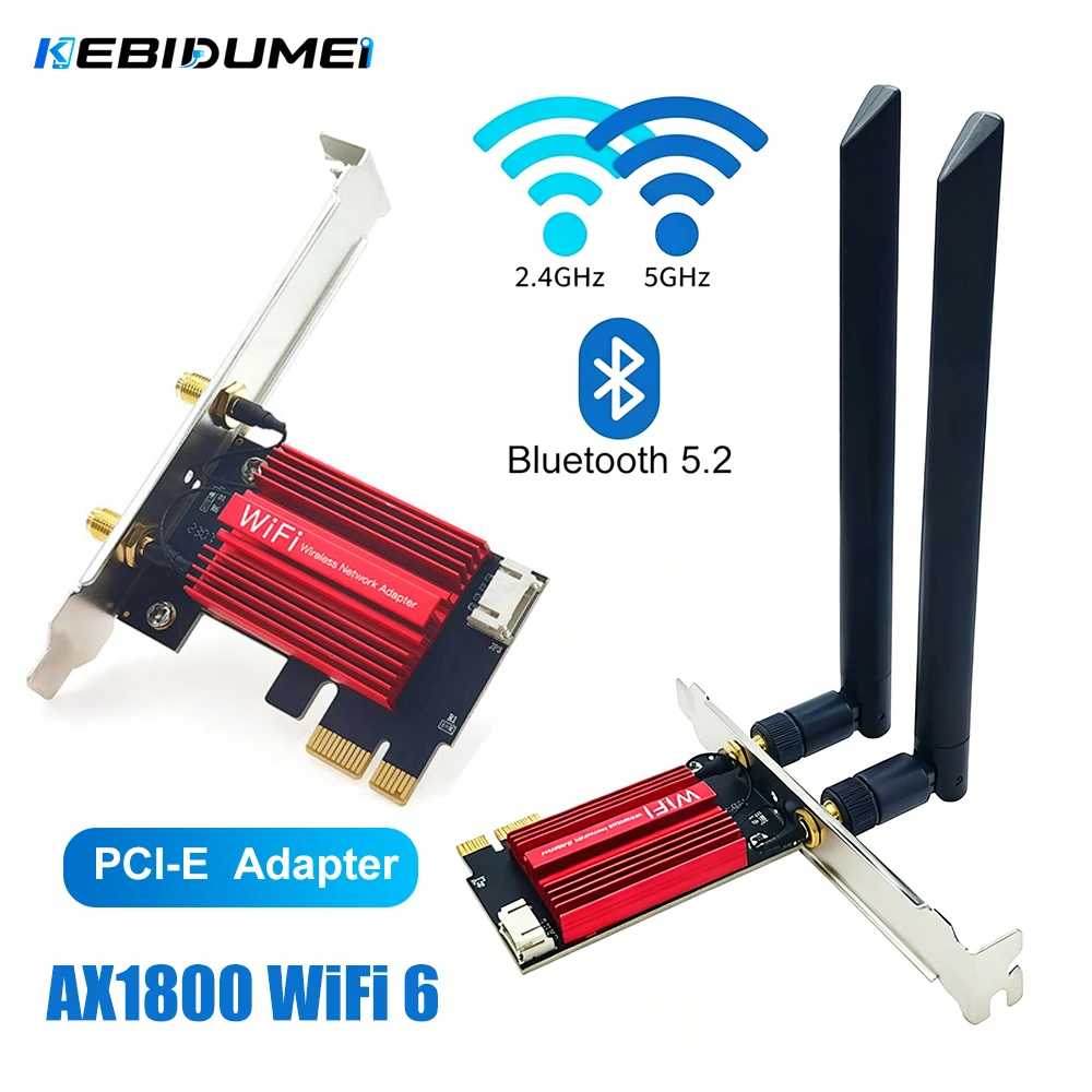 KEBIDUMEI AX1800 PCI-E WiFi 6 Wireless Adapter Network Card Adapter PC Bluetooth 5.2 802. 11AX Dual Band 2.4G/5Ghz For Win11 10