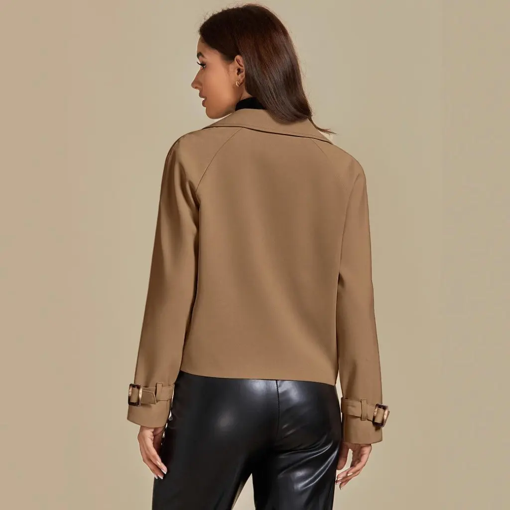 Jaket Kasual Wanita Model Double-breasted Berkerah Pendek Lengan Panjang untuk Musim Gugur dan Musim Dingin, Jaket Angin Modis