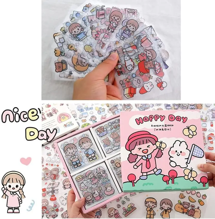 Kawaii Sticker Diary Waterproof Sticker Hand Account Gift Box Girl Hand Account Cup Cute Stickers 100 pcs/Set