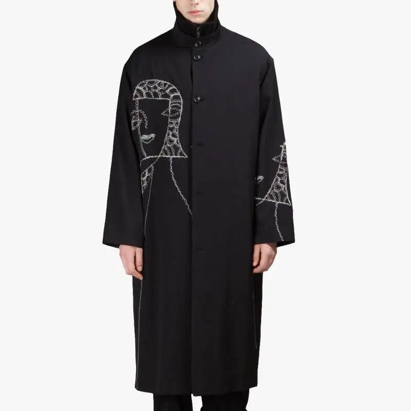 WVGA Autumn Winter New Man Tide Hand-painted Tassel Embroidery Thick Trench Coat Drop Shoulder Yamamoto Style Jackets Ins W12989
