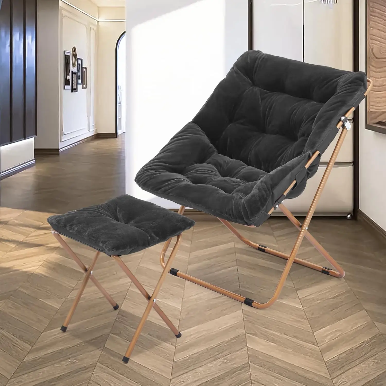 #Comfy Oversize Folding Saucer Chair & Ottoman Set Faux Fur Metal Leg Bedroom Living Room Adult Black