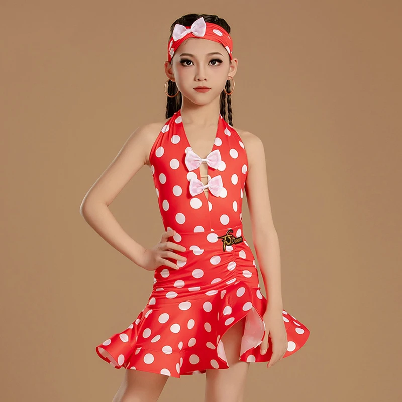 레드 폴카 도트 라틴 댄스 의상 소녀 성능 의류 여름 민소매 연습 드레스 키즈 라틴 경쟁 드레스 L15378