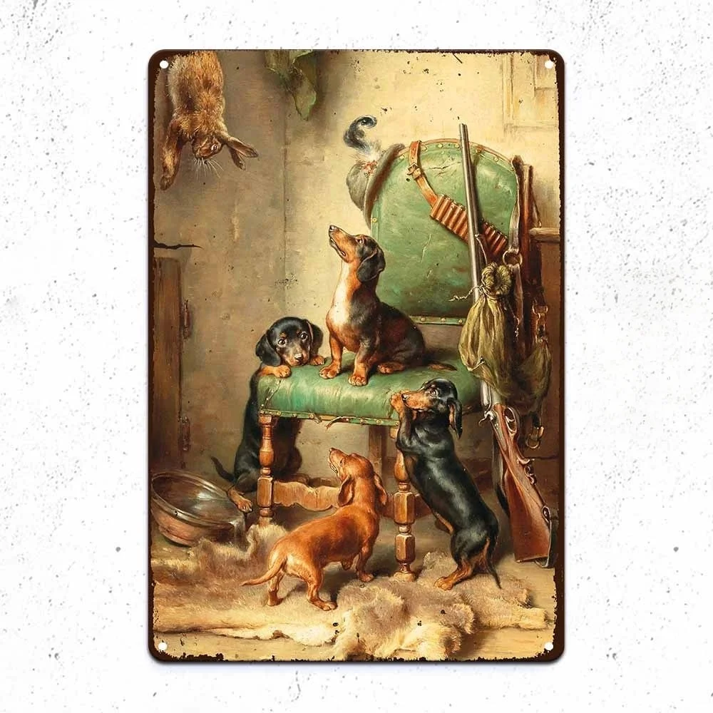 Vintage Dachshund Hunting Scene Metal Wall Art Sign - Rustic Dog Decor with Dachshund(s) Tracking Game - Feather-Free Design