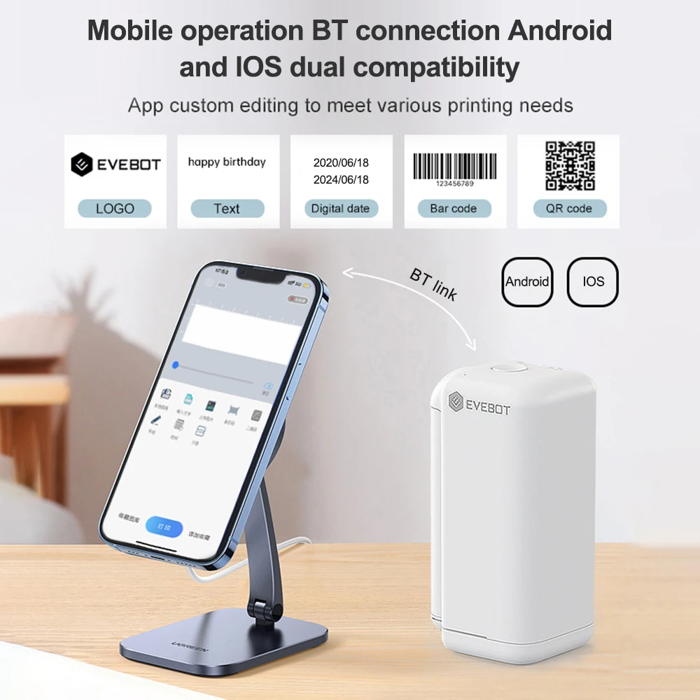 EVEBOT PrintPods Handheld Printer Mini Portable Inkjet Tattoo Printer with Skin-friendly Ink Cartridge BT Printer APP Control