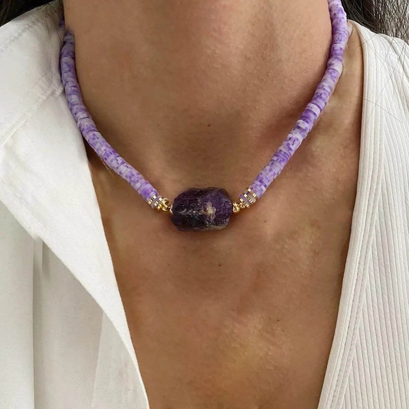 natural stone Raw Amethyst Herkimer Lavender Purple Pendant Quartz Hexagonal Pillar  Energy Crystal Chakra Meditation Necklace