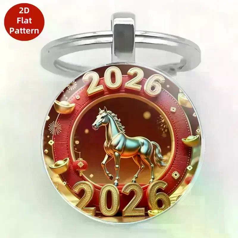 Fashionable 2026 Year Of The Horse Design Dome Glass Alloy Keychain Zodiac Pony Pattern Car Keyring New Year Gift