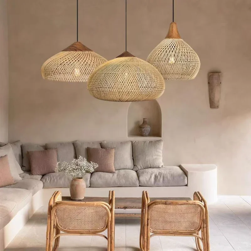SANDYHA Retro Handmade Rattan Pendant Light Ceiling Chandelier for Kitchen Island Dining Table Living Room Led Hanging Lamp