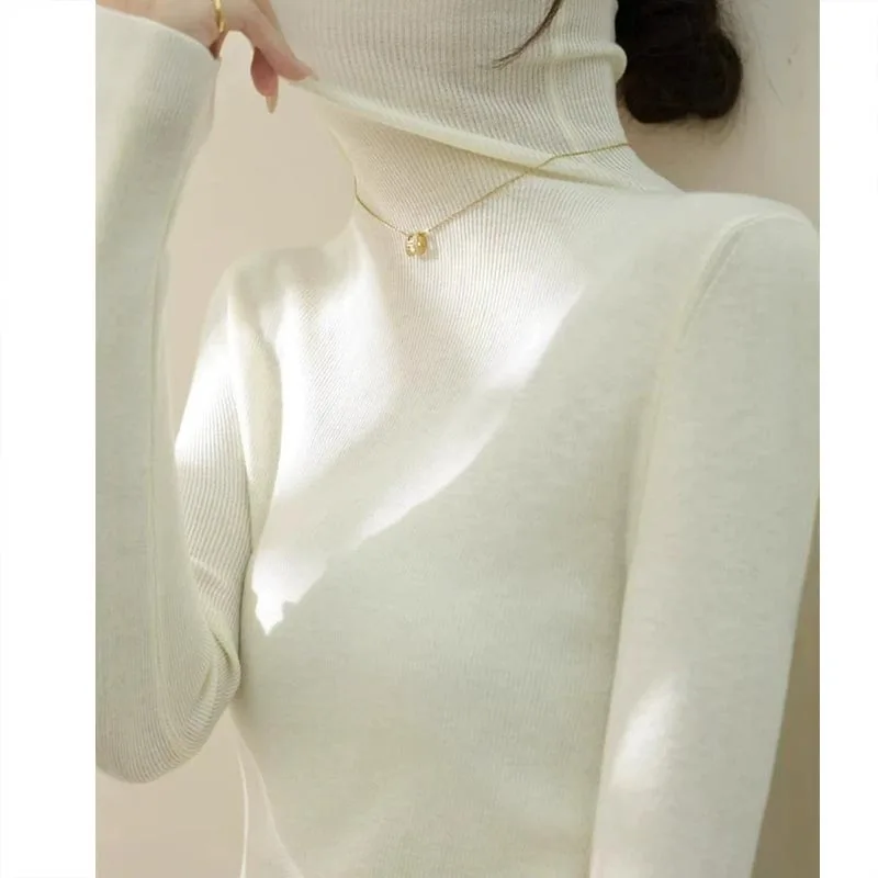 Women's Clothing Fashion All-match Solid Turtleneck Sweater Summer Winter New Elegant Slim Long Sleeve Knit Pullovers Lady Tops