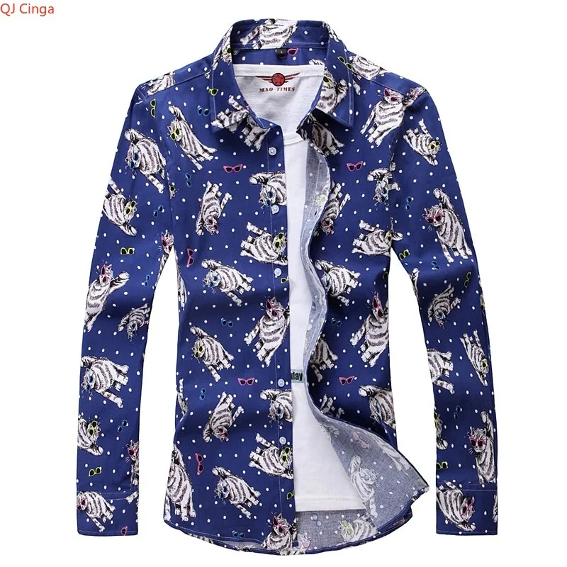 

Asian-sized Men's Long-sleeve Printed Shirt, Red Single-button Lapel Cotton Shirts, Available in Black, Blue, or White.