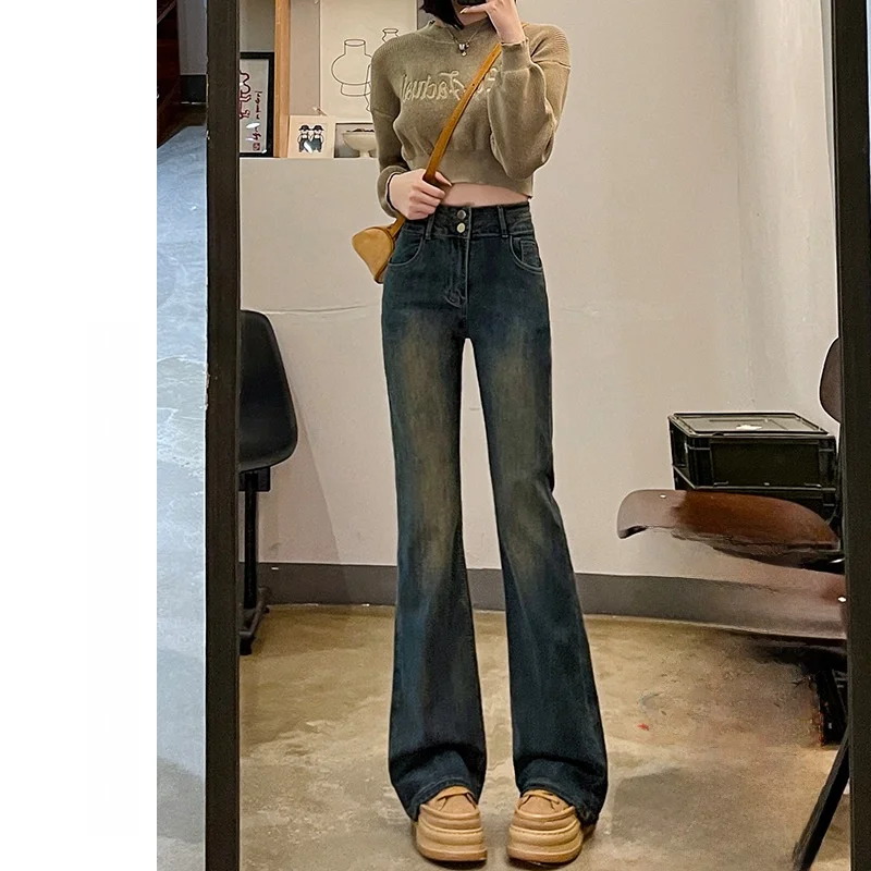 Women's Fleece Lined Thickened Micro Flared Jeans High Waist Slimming Cement Grey Bell Bottoms Autumn Winter New Arrival