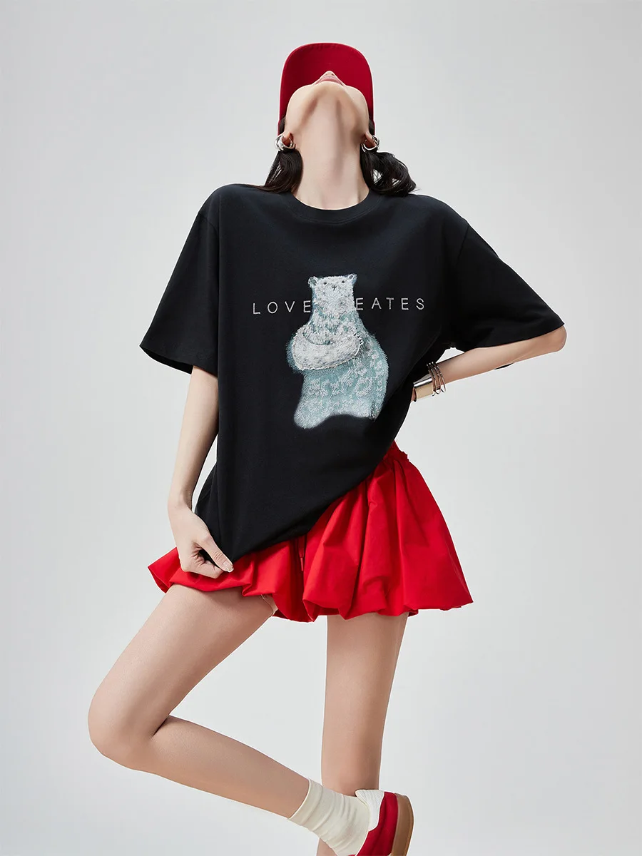 

Casual Commute Style Black Cartoon Print Short Sleeve round Neck Loose Women's T-shirt Polyester Fabric Shoulder-Length Cuff