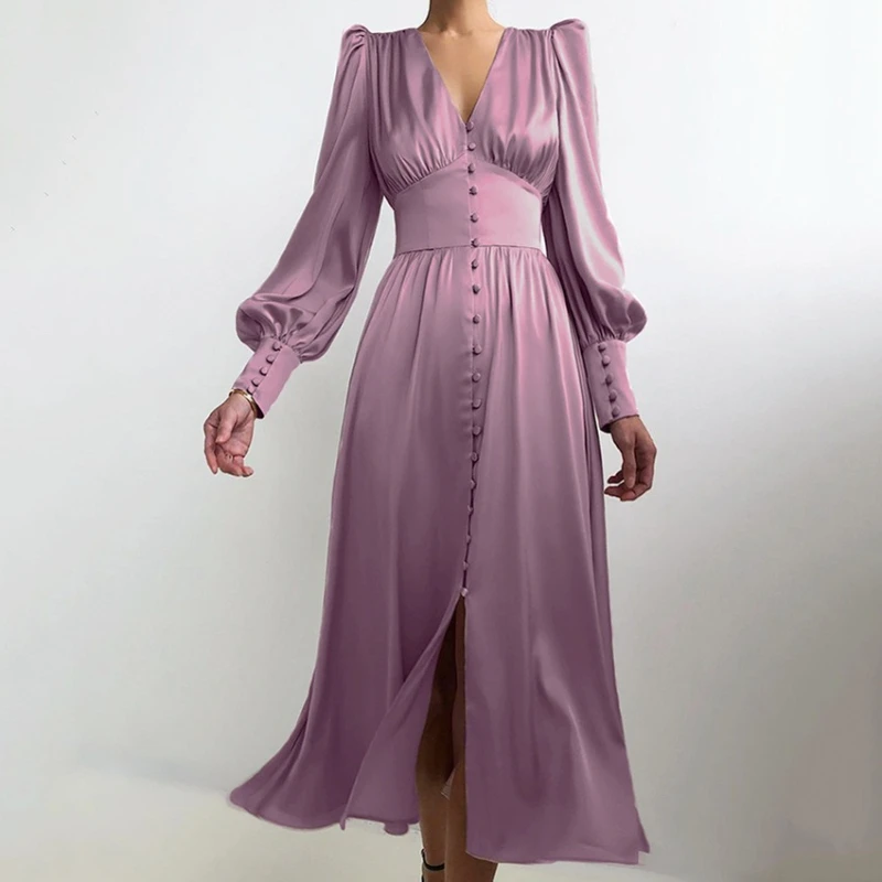 Fashion V Neck Elegant Court Vintage Front Button Midi Dress Satin Party Lantern Long Sleeve Chice Female Solid Vertidos 2025