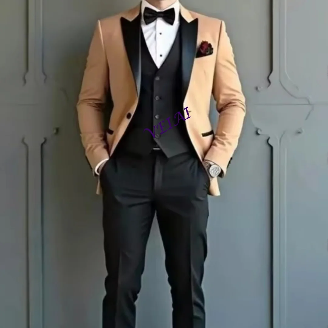 

Индивидуальный новый деловой мужской костюм цвета шампанского и черного цвета, жених, жених, свадебная вечеринка, выпускной, мужские смокинги, комплект из 3 предметов, блейзер Ve