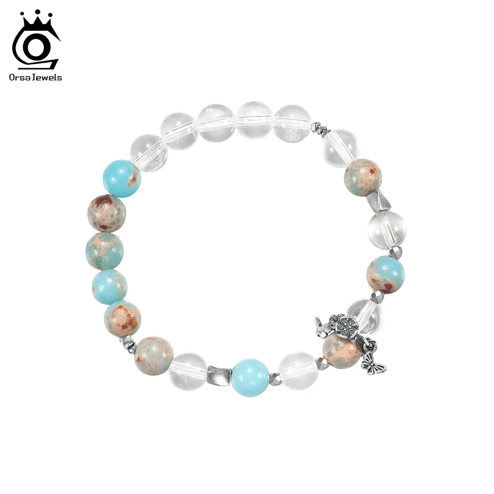 ORSA JEWELS Healing Crystal Quartz Stone Bracelet with S925 Charm Butterfly for Women Elastic Rope Reiki Spiritual Jewelry GMB99