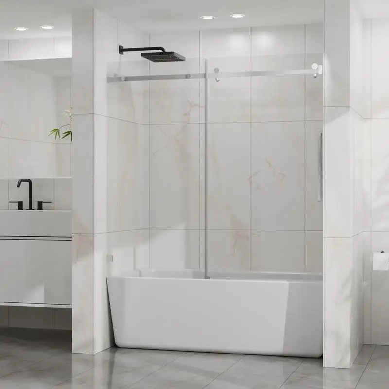 

Frameless Bathtub Door, 60" W x 58" H Sliding Glass Door, 1/4" Thick Tempered Clear Glass with Easy-Clean Coating, Heavy-Duty