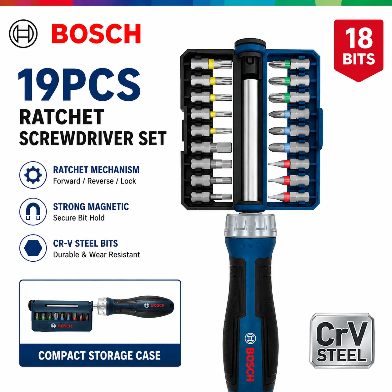 BOSCH 19Pcs Ratchet Screwdriver Set Magnetic 1/4 Inch Bit Holder PH PZ Torx Hex Slotted Screwdriver Bits Hand Repair Tools