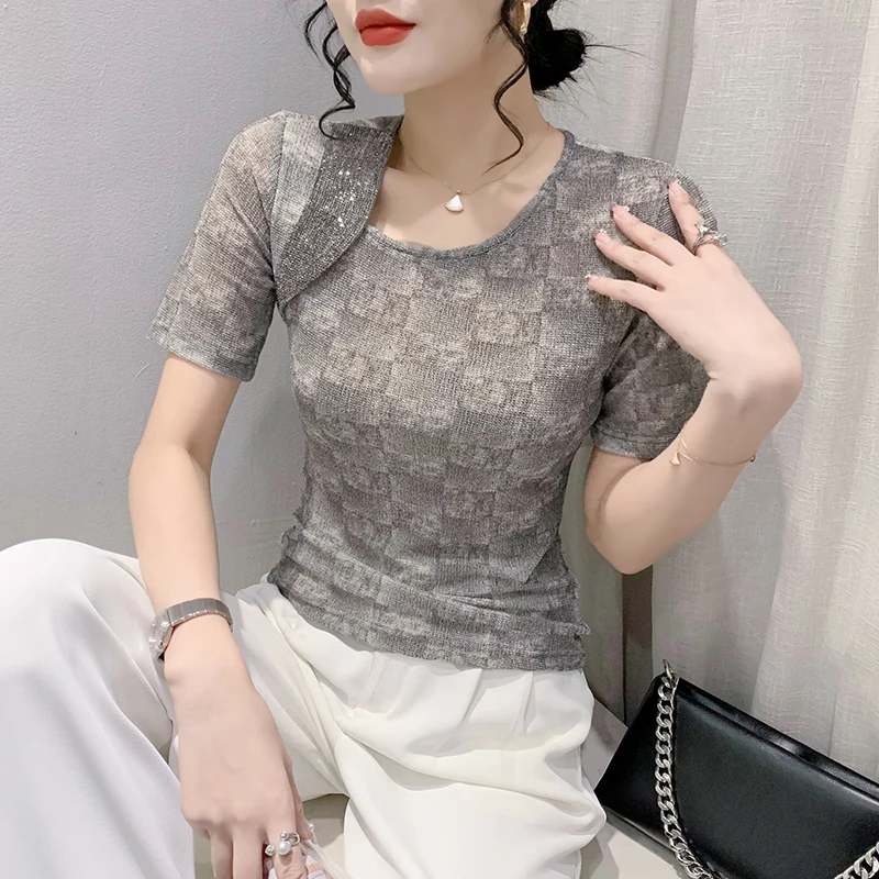 Fashionable Diamond-studded T-shirt Short-Sleeved Round Neck Top for Summer 2023 Ropa De Mujer  Women vintage Clothes Tee Korea