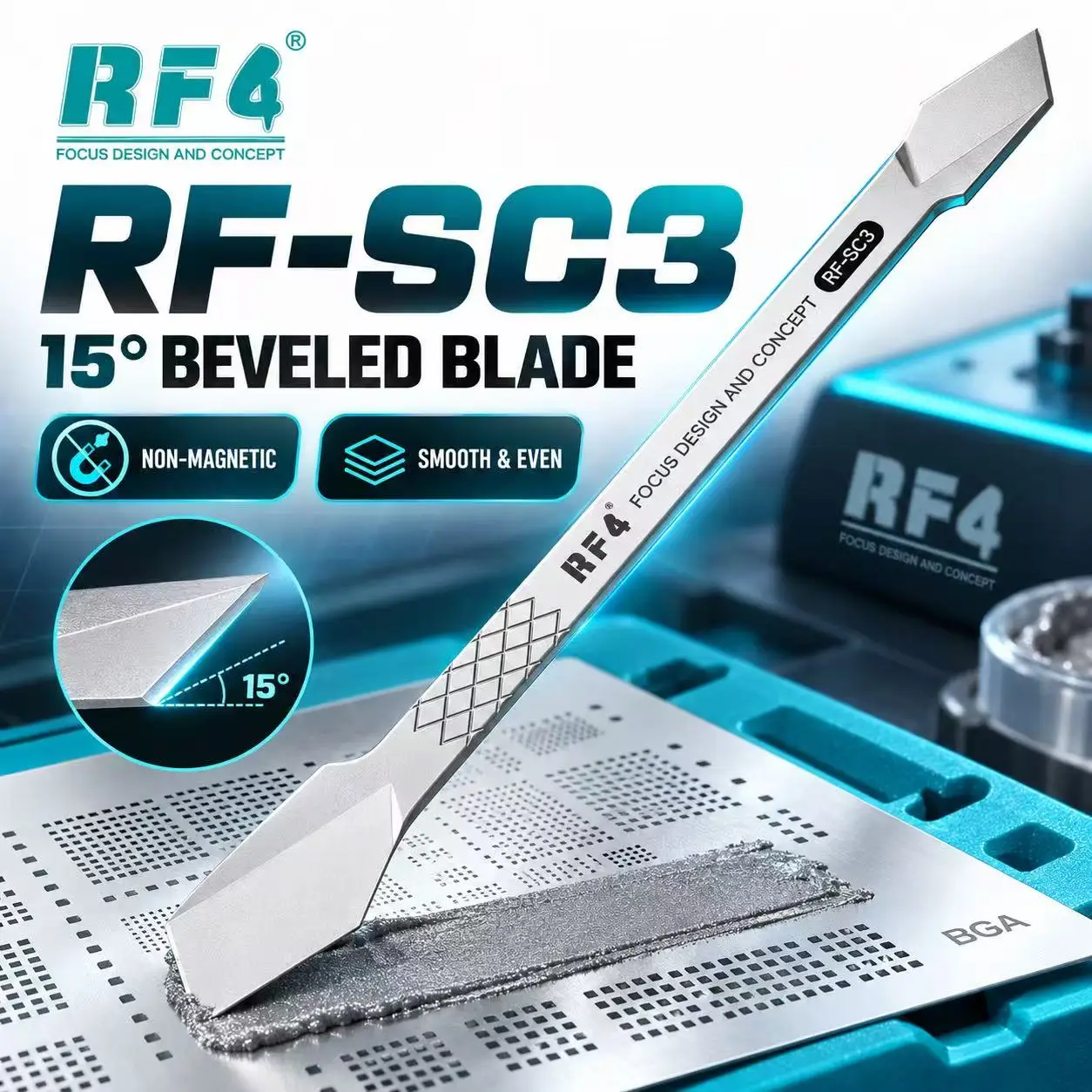 RF4 RF-SC3 Double-Ended Solder Paste Spatula 13mm 22mm Non-Magnetic Beveled Blade for BGA Stencil Phone PCB Repair Tool