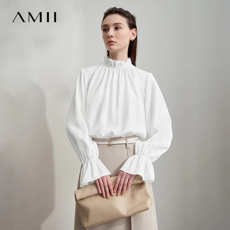 AMII بلوزة نسائية بسيطة فضفاضة بياقة واقفة وأكمام على شكل فراشة قمصان وبلوزات لخريف 2025 قطع علوية جديدة للسيدات 12543102 #4