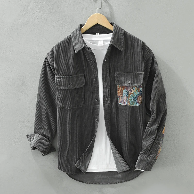 Japan Style Retro Long Sleeve Shirt For Men Fashion Versatile Casual Literary Loose Chic Patchwork Pocket Handsome Blouses