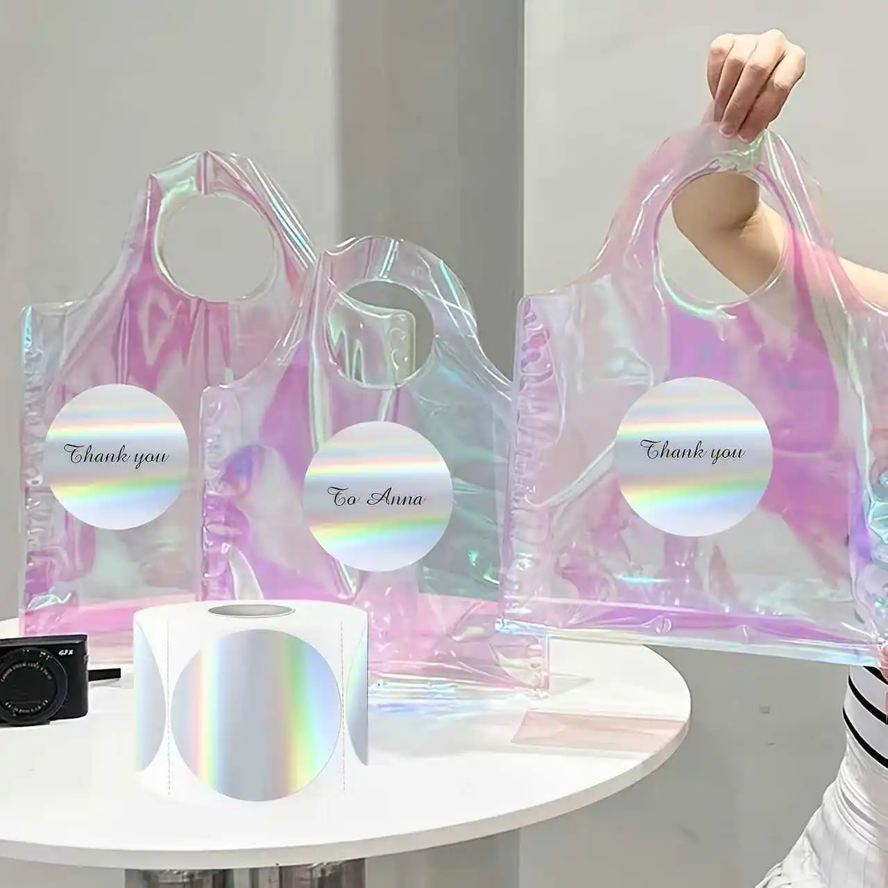 200 Stück 3-Zoll Holographische Silberne Direkt-Thermoetiketten, Runde Bedruckbare Regenbogen-Glitzer Thermodrucker-Aufkleber – Detail 4