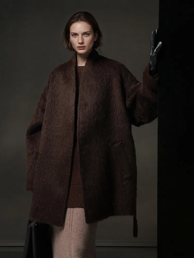 Ladies Fashion Winter V Neck Belt Alpaca Wool Coat Single Breasted Jacket Warm Windproof Female Wide Waisted Office Outerwear