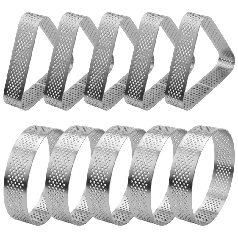 

10Pcs Round & Triangular Stainless Steel Tart Ring Tower Pie Cake Mould Baking Tools Perforated Dessert Cake Mousse Ring