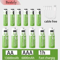 New Rechargeable1.5V AA 13600mAh+AAA 6800mAh Lithium Battery,USB Fast Charging Li-ion Battery , 2000 Cycles with USB- C Cable