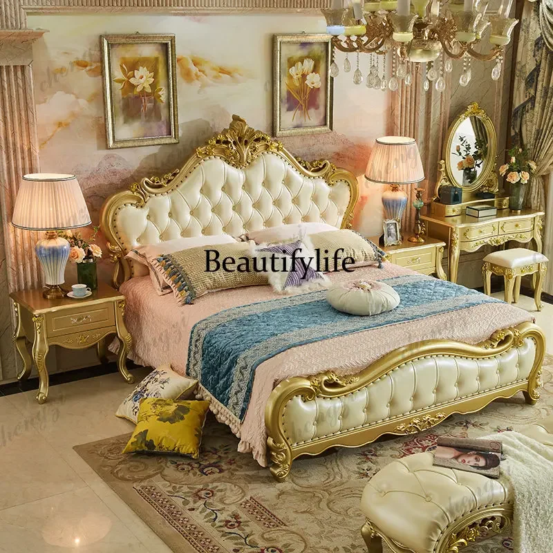 Beige Gold European Double Bed Vintage Cheap Wood Designs European Double Bed Japanese Luxury Camas De Dormitorio FurnitureN138