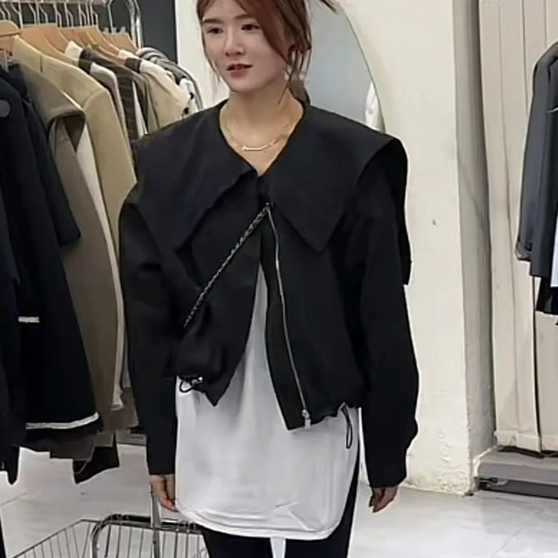Short Coat Women' Autumn Design Sense Foreign Style Korean Version Loose Navy Collar Solid Color Jacket Age-reducing Trench Coat