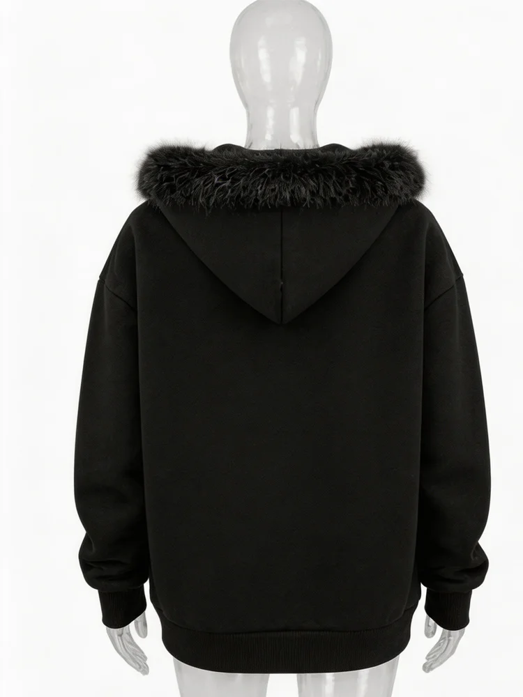 Women Oversized Zip Up Aesthetics Hoodie Winter Faux Fur Hooded Sweatshirt Y2K Streetwear Casual Warm Hoodie gallery 5