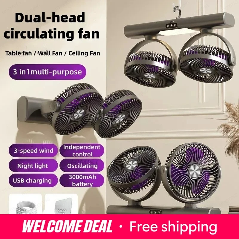 Ventilador 3 en 1 de doble cabezal oscilante, 3 velocidades ajustables, portátil, recargable por USB con luz nocturna