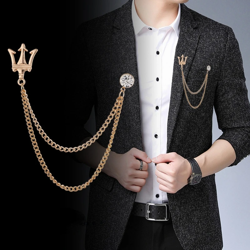 New Metal Trident Brooch Crystal Tassel Chain Badge British Style Men's Suit Shirt Collar Pins Fashion Jewelry Accessories