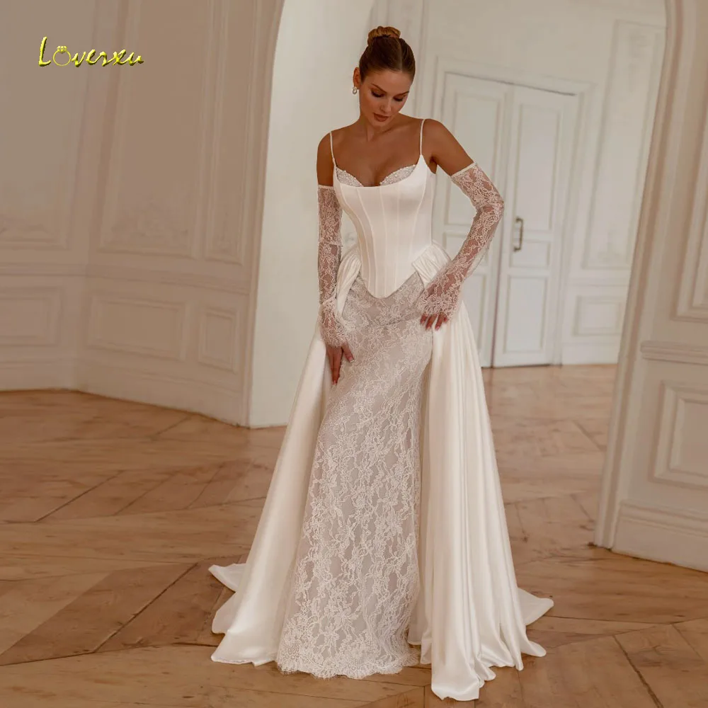 Loverxu Mermaid Sexy Wedding Dresses Spaghetti Straps Vestido De Novia Lace Embroidery Vintage 2 In 1 Custom Made Bridal Gown