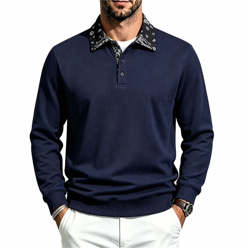 Men Long Sleeve Polo Sweatshirt, Printed Spliced Collar Partial Button Placket Casual Pullover Tops