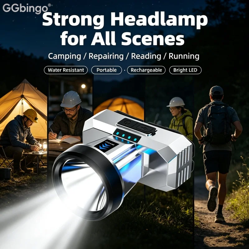 GGbingo LED Headlamp Multi‑level Dimming Type‑C Rechargeable Bright Light for Night Camping Fish Outdoor Adventure Repair Work