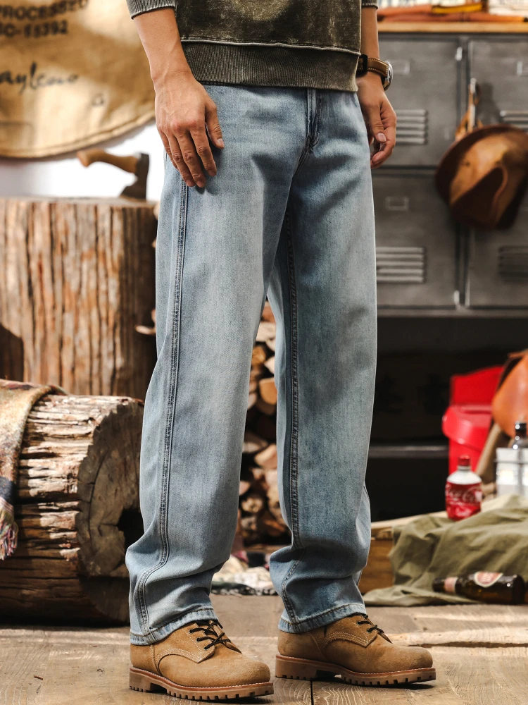 

LCelulose Lyocell Men's Denim Pants Cool Sensation Wide Leg Thin Autumn Loose Drape American Casual Sle Breathable Jeans