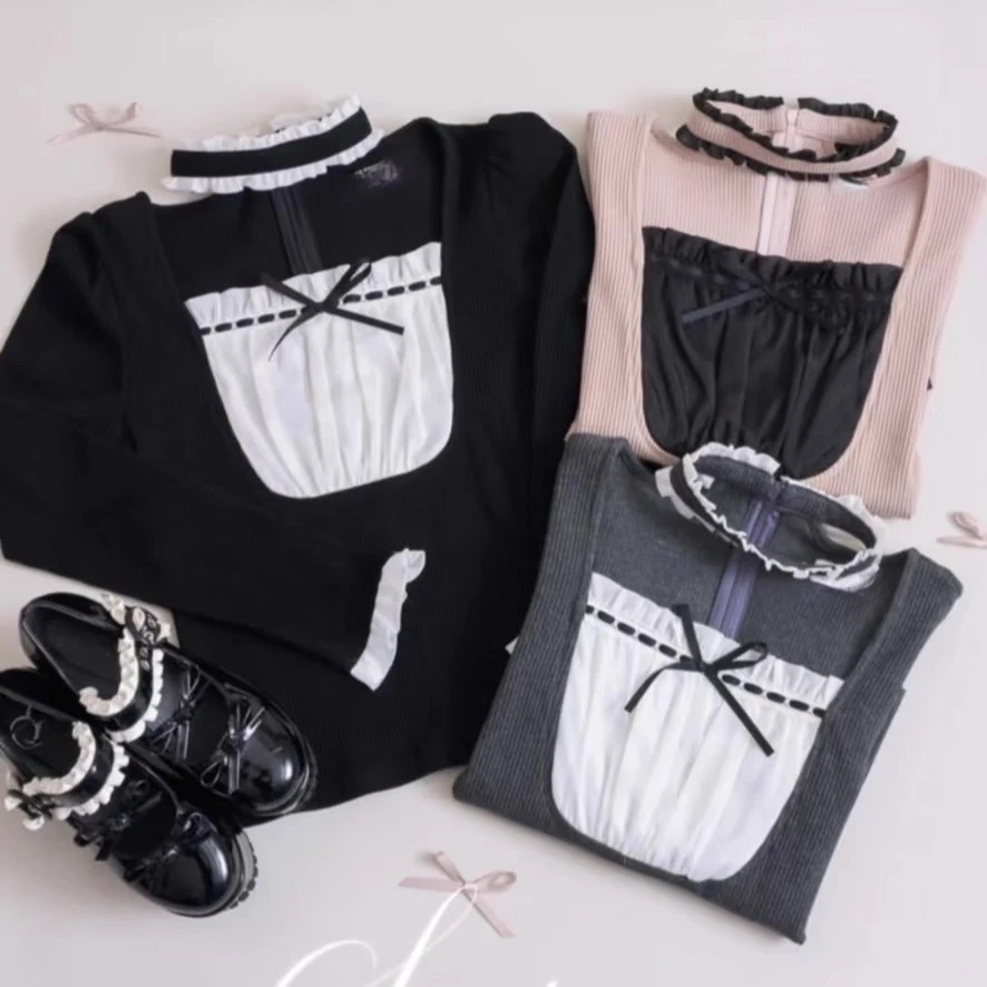 

Sexy Spice Girls Pure Desire Knit T-shirt Long Sleeve Patchwork Panelled Women Clothing Japan Slim Halter Mesh Fungus Blouses