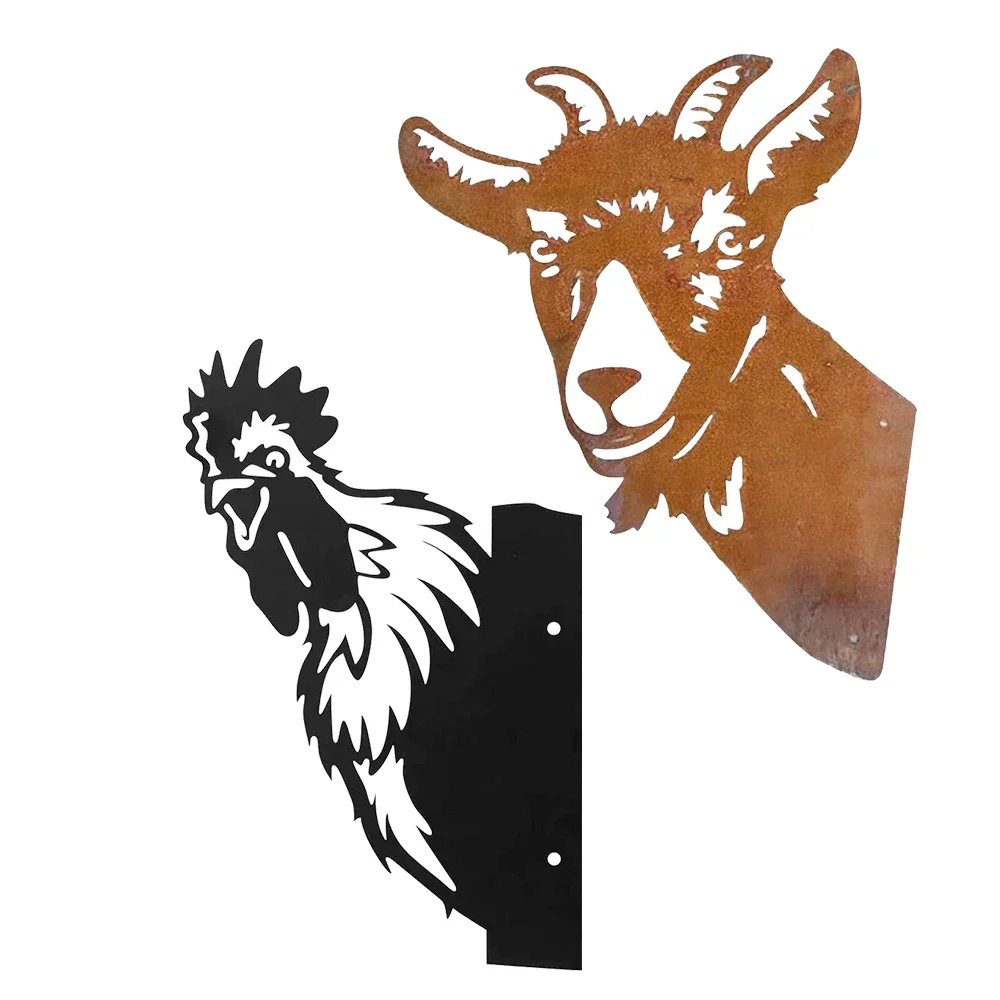 Farm Peeping Goat Chicken Metal Art Ornaments Garden Outdoor Wall Mounted Ornaments Silhouette Yard Art Livestock Statues Decor