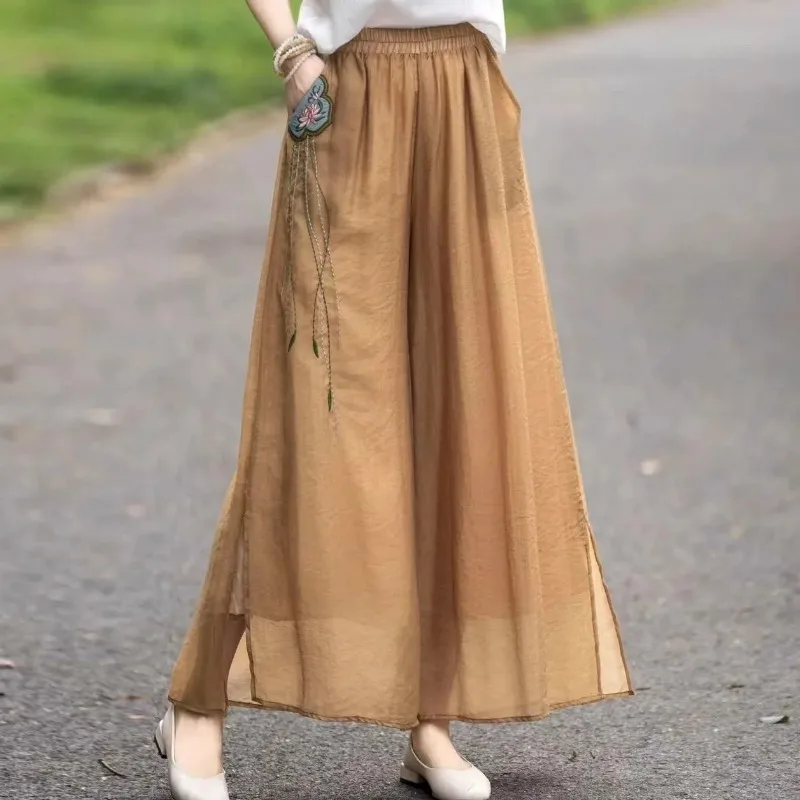 

Women's Pink Sheer Elastic Waist Wide Leg Pants Side Split Loose Fit Trousers
