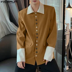 INCERUN New Men Fashion Clothing Contrast Neck Multi Button Blazer Casual Streetwear Male Hot Selling Long Sleeved Blazer S-5XL