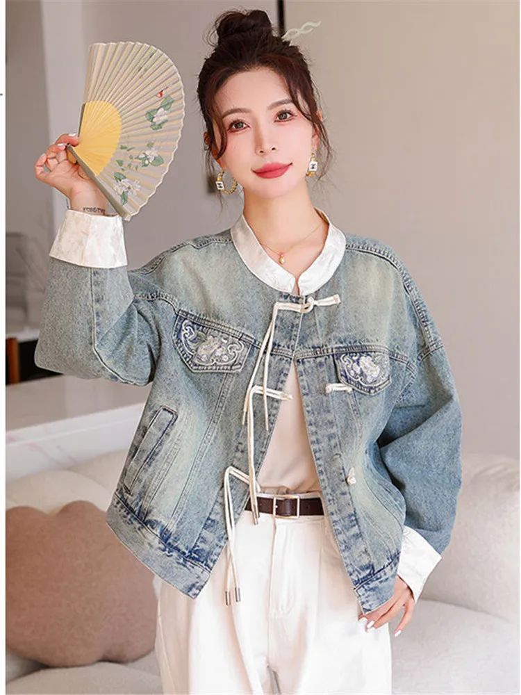 Imagem -03 - Jaqueta Jeans Bordada Estilo Chinês para Mulheres Terno Casual Tang Roupas Femininas Fivela Discante Outwear para Primavera e Outono Nova