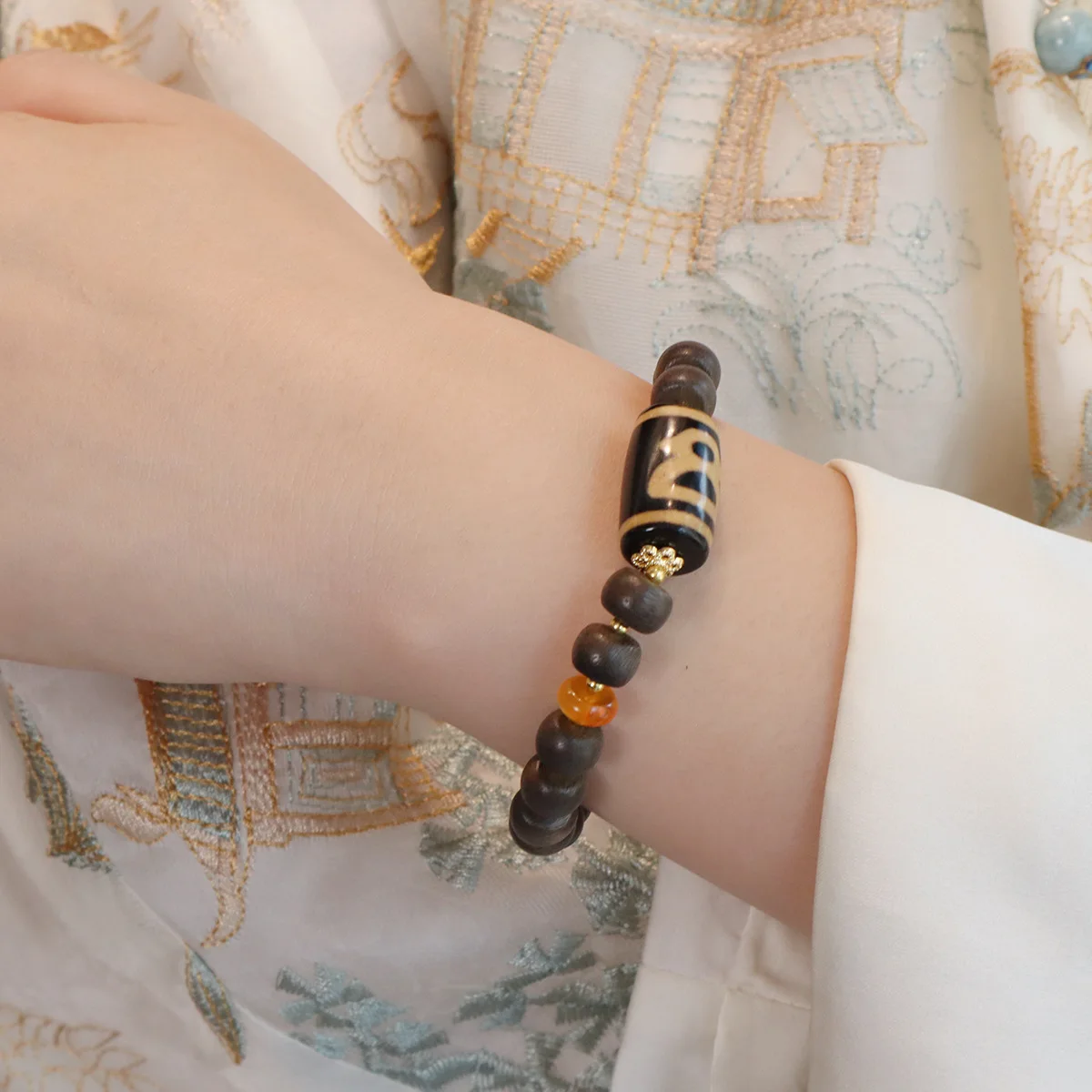 Ruifan Natural Fragrant Agarwood Buddha Beads Beaded Strand Bracelets for Women Men Vintage Tibetan Agate Dzi Bead Bracelet 1596