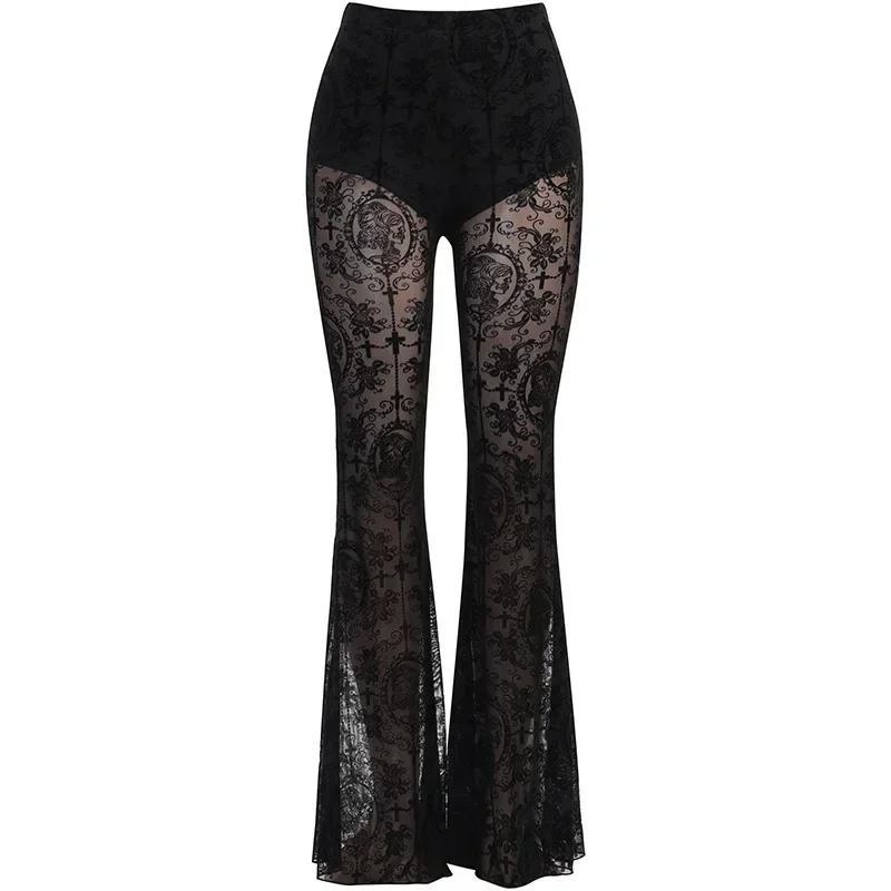 Gothic Black Velvet Lace Mesh Flare Pants Sexy Harajuku Y2K Aesthetic See Through Emo Pants Vintage Women Summer Pant Streetwear