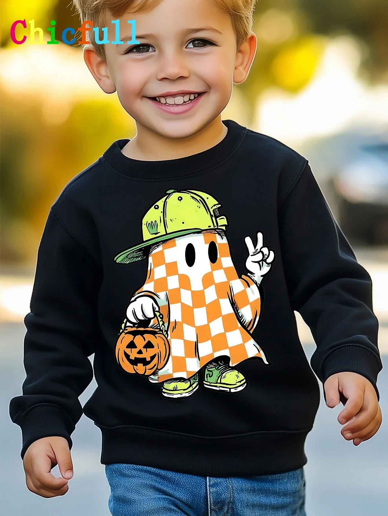 Halloween Pumpkin and Ghost with Hat Print Creative Trendy Autumn/Winter Fleece-Lined Long-Sleeved Sweatshirt for Boys