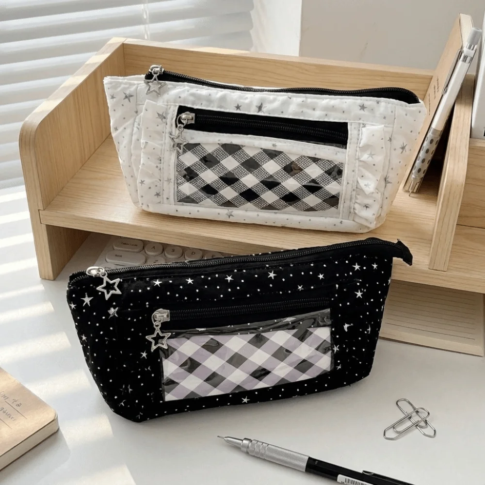Large Capacity Star Checkered Pattern Pen Bag Canvas Lace Trim Pencil Pouch Multi-Pocket Transparent Window Stationery Organizer