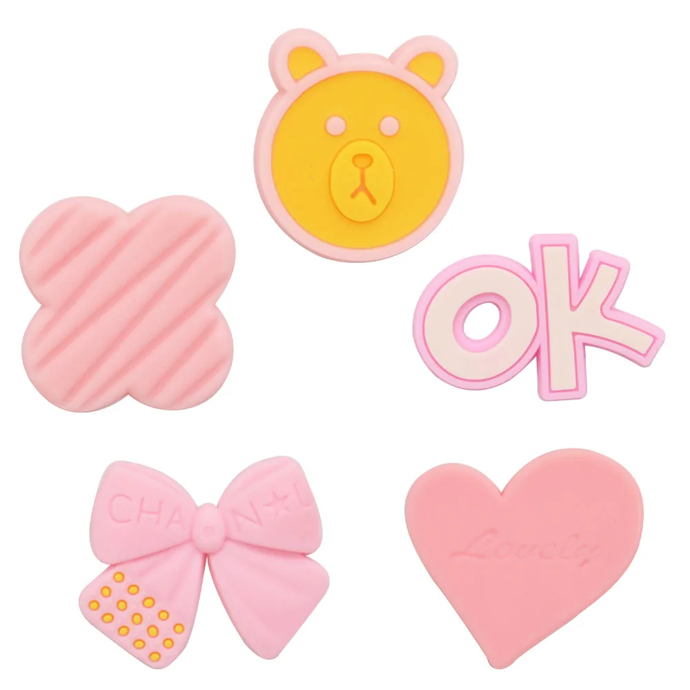 Mix 50pcs PVC Pink Shoe Charms Kawaii Cartoon Bear Heart Lovely Flower OK Bow Slipper Accessories Fit Wristbands Decorations