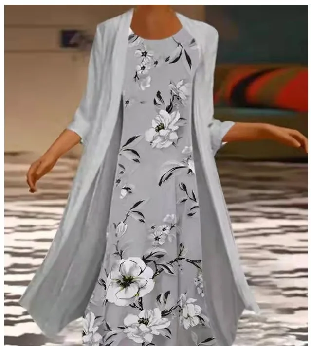 Women\'s Elegant Loose Printed Cardigan 2 Piece Dress Autumn New Female Fashion Floral Print Straight Long Dresses For Women Set