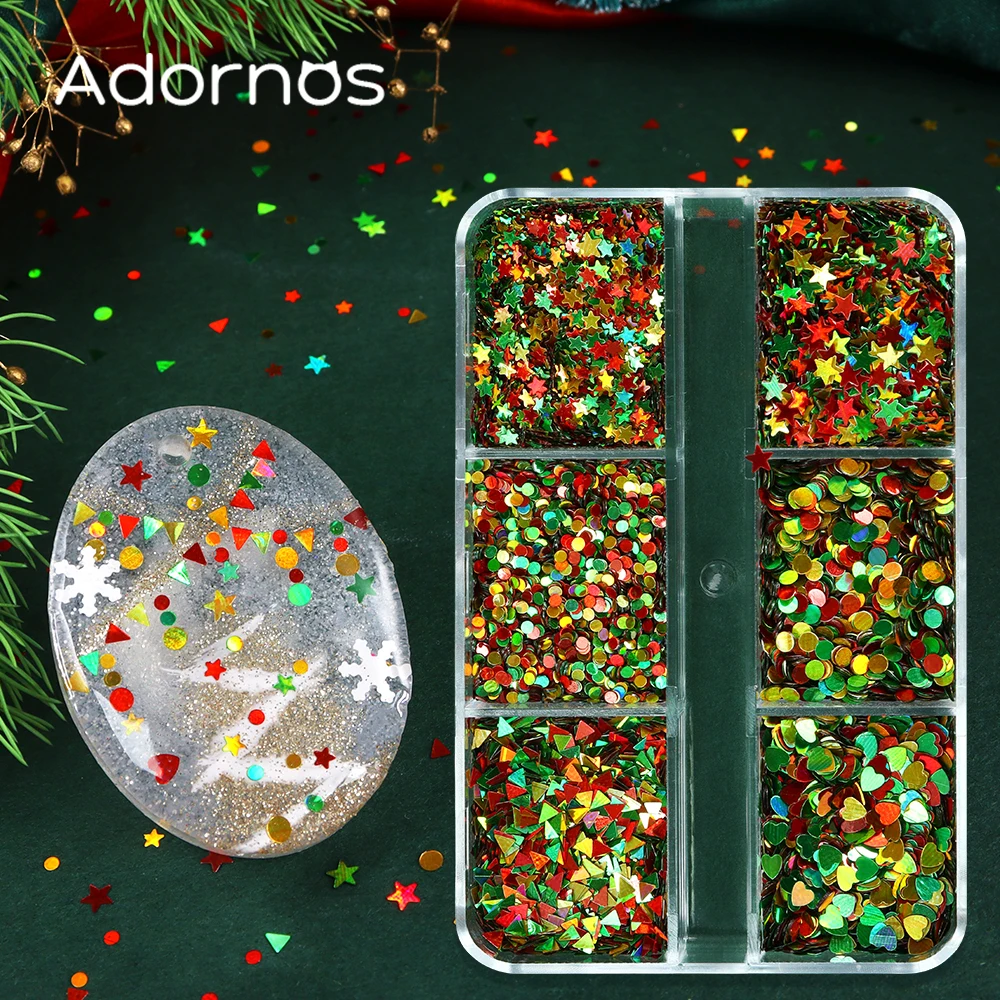 6 Grids Christmas Glitter Sequins Epoxy Resin Filling Mini Star Round Love Heart Paillettes Holiday Decoration DIY Crafts Making